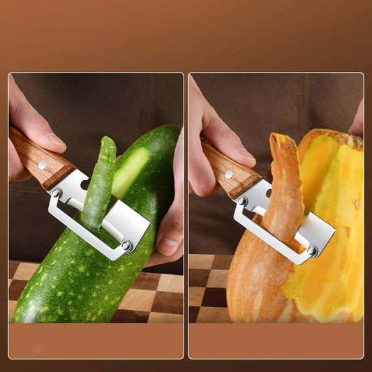 Stainless steel vegetable peeler with wooden handle peeling zucchini and pumpkin on a cutting board