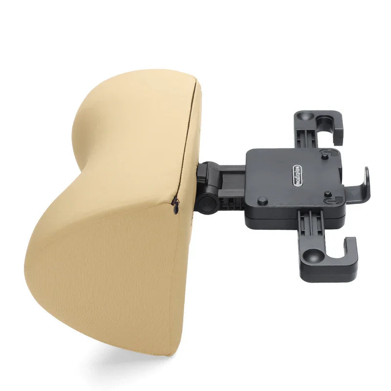 Beige ergonomic car headrest pillow with adjustable black mounting bracket from clarioy