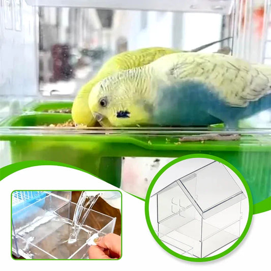 Clear acrylic bird feeder in cage with two parakeets, easy-fill and house-shaped design
