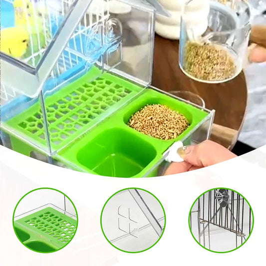 Automatic bird feeder with green compartments, attached to bird cage, seeds being poured, clear plastic design