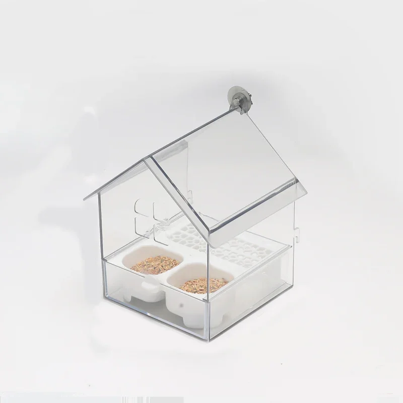 Clear acrylic bird feeder with dual food trays, suction cup mount, clarioy homeware