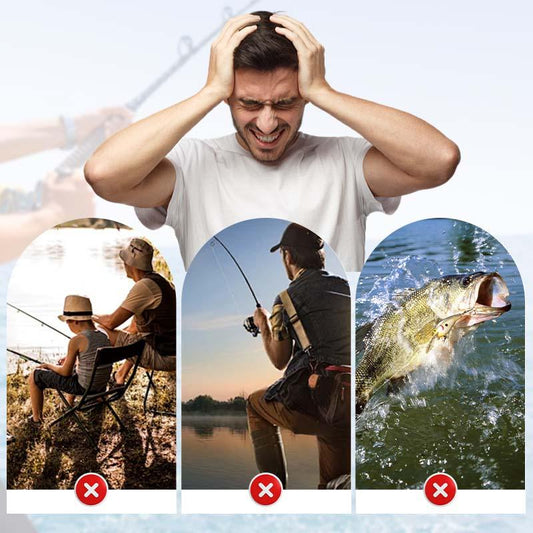 Frustrated man holding head above fishing scene images, highlighting common fishing issues
