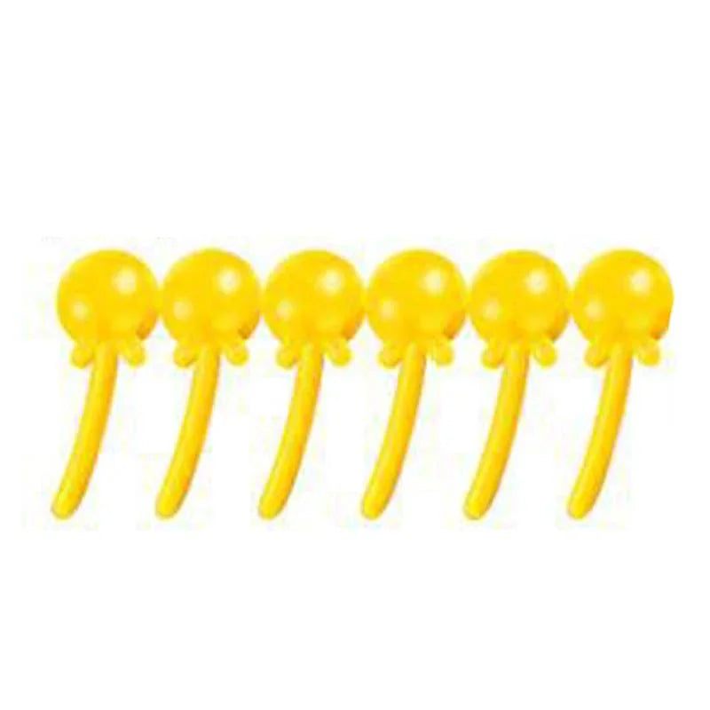 Set of six yellow plastic balloon-shaped cable ties on white background, clarioy homeware