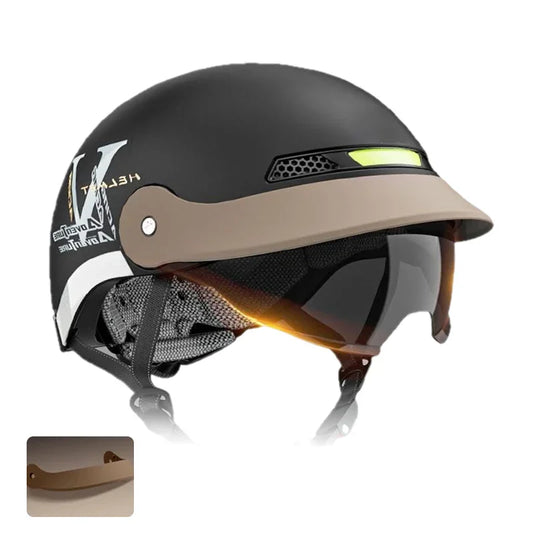 Matte black and tan motorcycle helmet with visor, ventilation, and chin strap from Clarioy