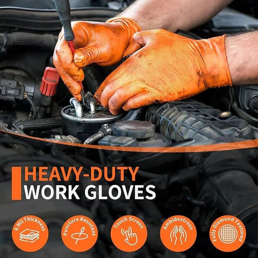 Mechanic wearing orange heavy-duty work gloves repairing a car engine, showcasing clarioy premium auto tools.