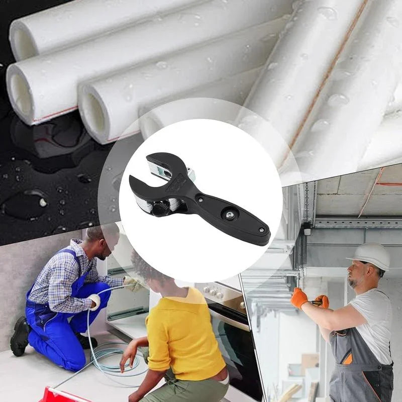 Adjustable pipe wrench tool with black handle, plumbing pipes, and technicians at work, clarioy homeware.