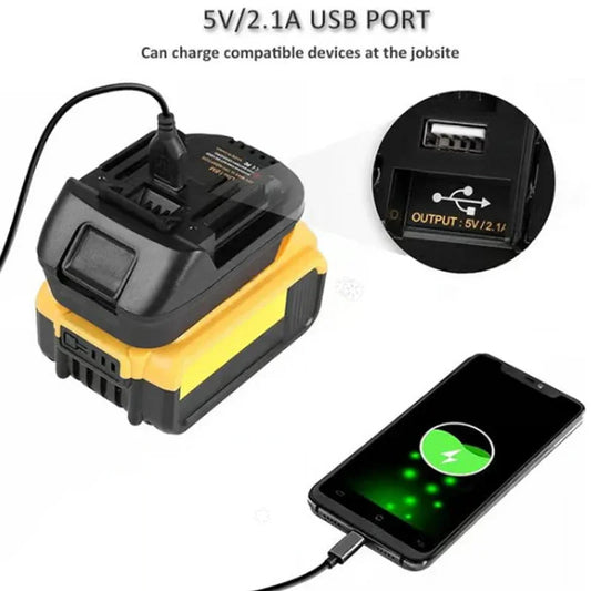 Portable power tool battery with USB port charging a smartphone, clarioy auto tools