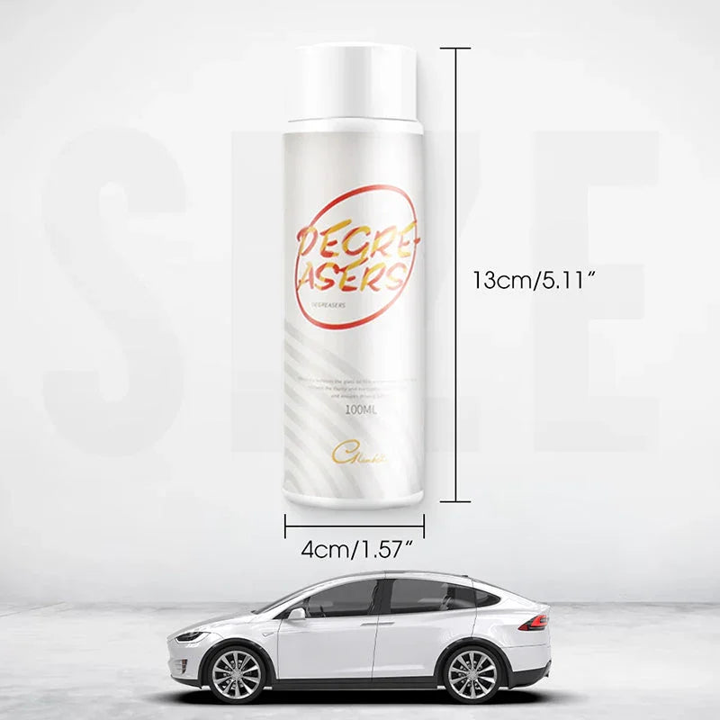 Clarioy Degreaser 100ml auto cleaner spray bottle with size dimensions, white car below