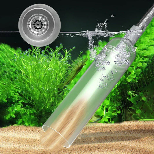 Aquarium gravel cleaner tube in water with plants and sand, clarioy homeware accessory