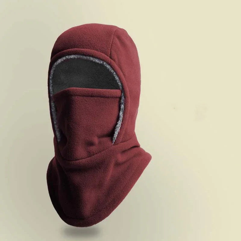Warm maroon fleece balaclava with grey lining, winter face mask from clarioy