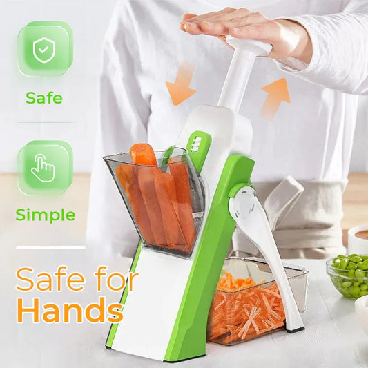 clarioy safe and simple green kitchen vegetable slicer with carrots, countertop scene