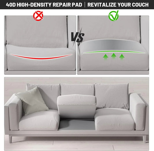 Clarioy 40D high-density sofa repair pad improves sagging gray couch cushion, before and after comparison.