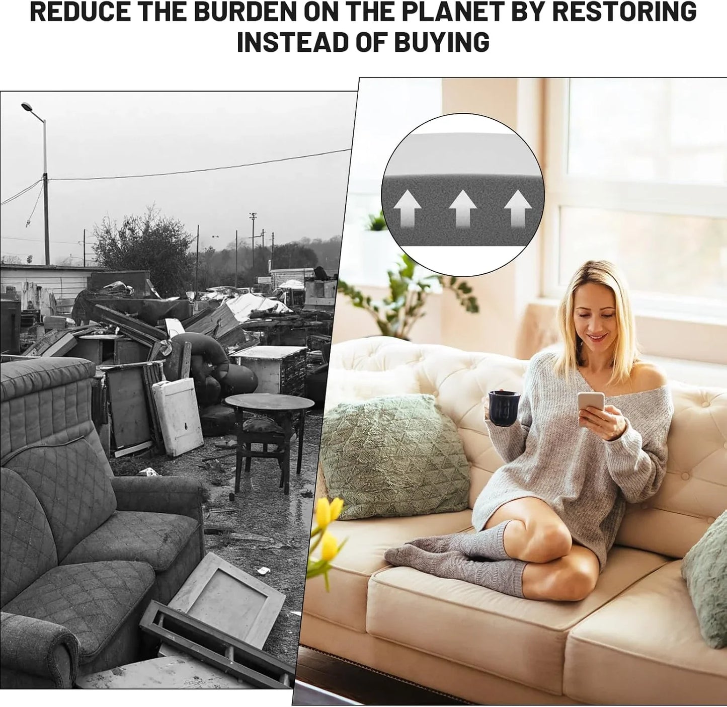 Comparison of discarded furniture in landfill and a woman enjoying a restored sofa at home, promoting sustainable homeware from clarioy.