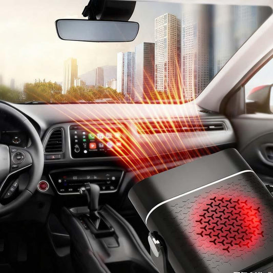 Portable car heater blowing warm air on windshield, modern interior, clarioy auto tool