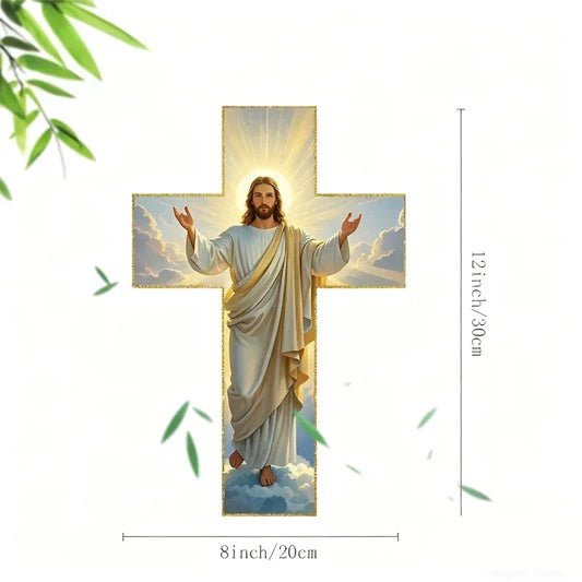 Cross-shaped wall art featuring Jesus with radiant halo, measured at 12x8 inches, on white background