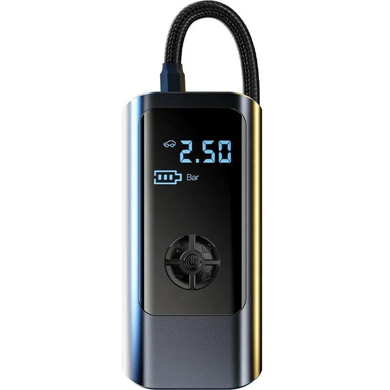 Digital portable tire inflator with LCD display showing 2.50 Bar, premium auto tool from clarioy
