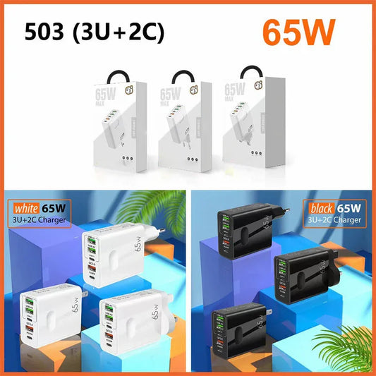 65W USB wall chargers in black and white, 3U+2C ports, clarioy electronics product display