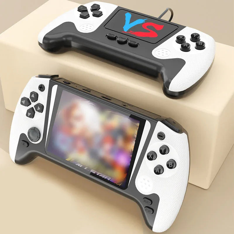 Handheld gaming consoles with white and black design displayed on a beige box, clarioy electronics
