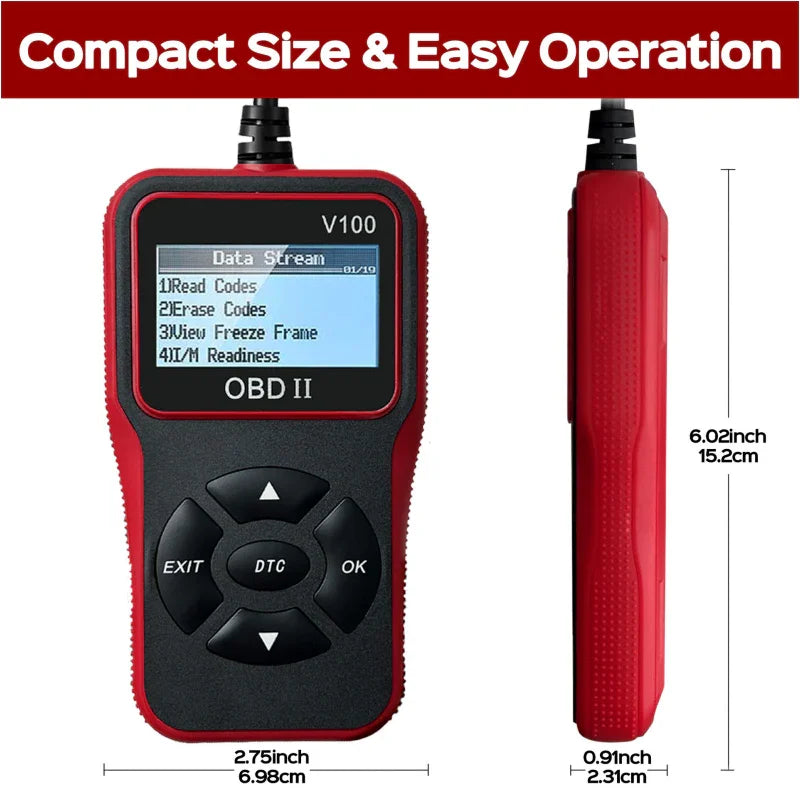 Clarioy OBD II V100 auto diagnostic tool with screen, compact size, ergonomic buttons, product dimensions shown.