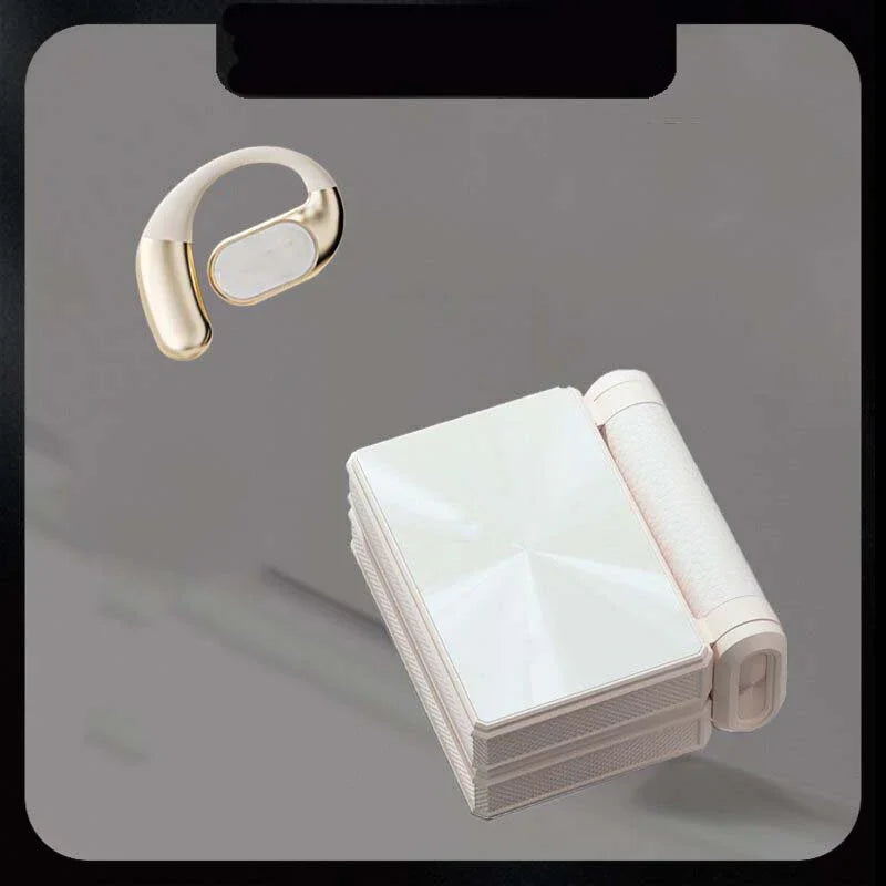 Modern wireless headset and compact electronic device on neutral background, clarioy electronics