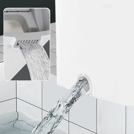 Modern white homeware water dispenser pouring into tiled sink, close-up detail, clarioy