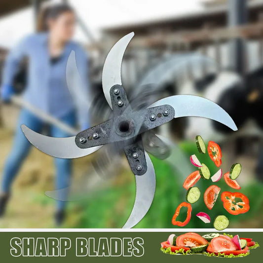 Sharp spinning multi-blade tool cutting vegetables, with blurred background and clarioy branding.