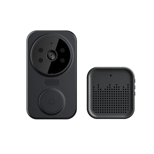 Wireless smart video doorbell and chime set, modern black design, home security electronics