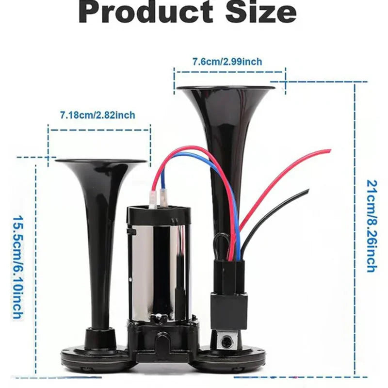 Dual black air horns with wiring, auto tool measuring 21cm and 15.5cm, clarioy product
