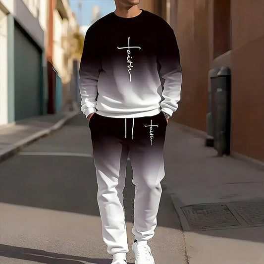 👕 Men’s Gradient Color Crewneck Tracksuit Set – Stylish, Comfortable & Casual Sportswear ✨🏃♂️