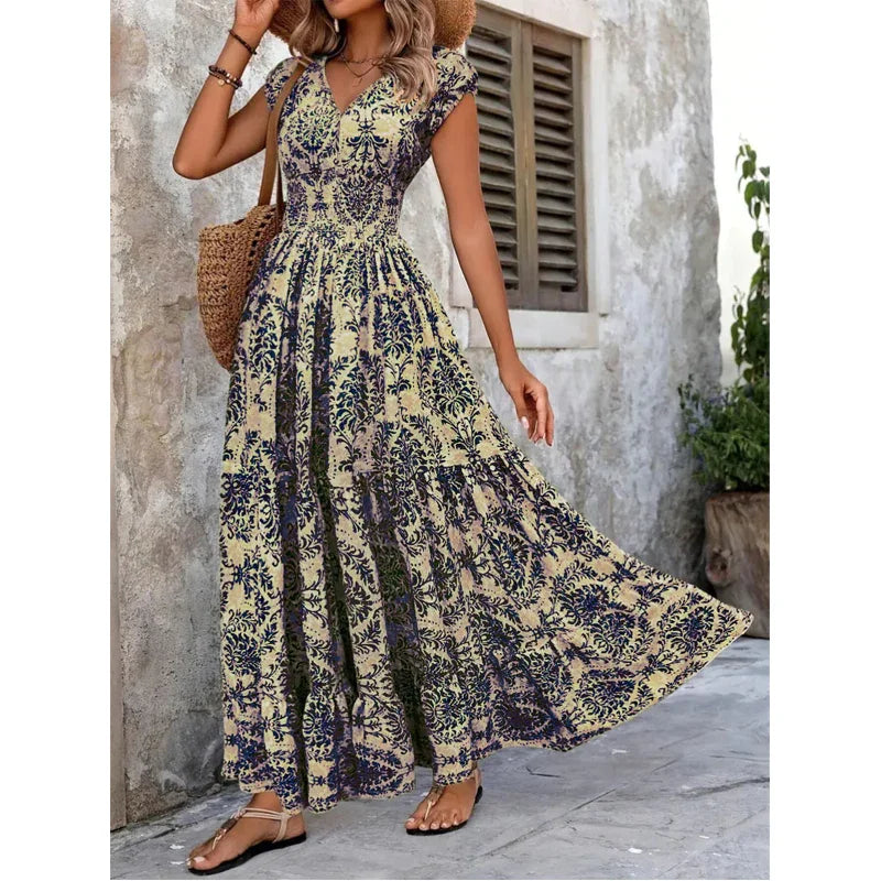 ๐ธ LIMITED-TIME 50% OFF! ๐ Women's V-Neck Floral Smocked Maxi Dress โ Elegant, Bohemian, Lightweight ๐ฆ