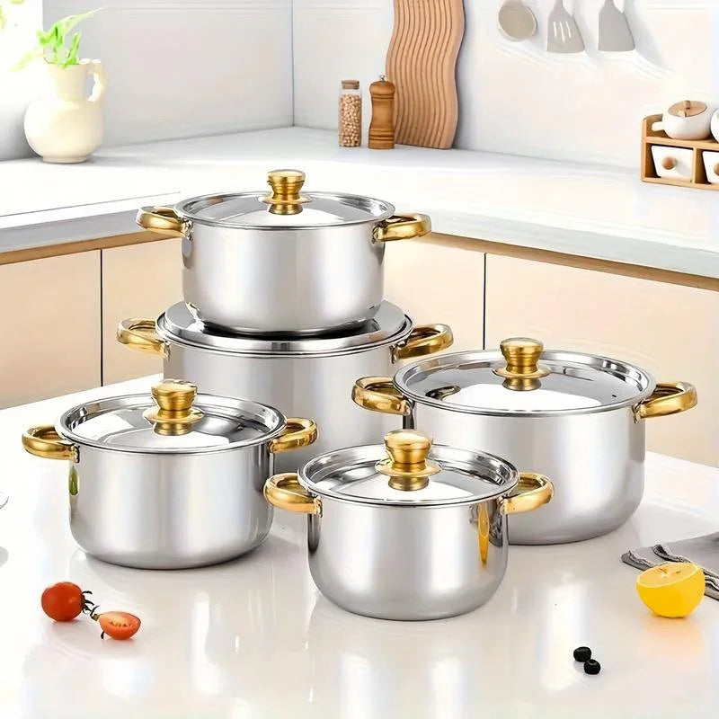 ๐ -50% ON 5-PC STAINLESS STEEL SET! ๐ Thickened Pots, Glass Lids & Elegant Gold Accents for Any Stovetop