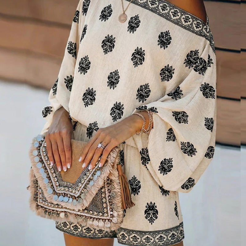 đ´50% OFF NOW!đ Bohemian Off-Shoulder Jumpsuit Set â Vintage Print & Pockets â Relaxed Vacation Romper đ¸