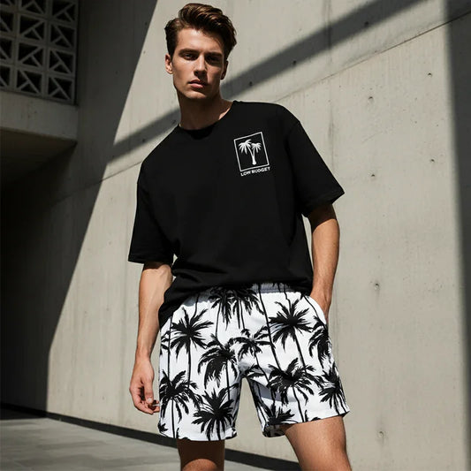 👕 LIMITED-TIME 50% OFF! 🌴 Men's Palm Print 2-Piece Set – T-Shirt & Shorts, Breathable, Relaxed Fit, Drawstring Waist 🏖️