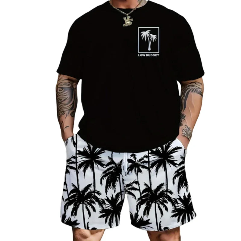 👕 LIMITED-TIME 50% OFF! 🌴 Men's Palm Print 2-Piece Set – T-Shirt & Shorts, Breathable, Relaxed Fit, Drawstring Waist 🏖️