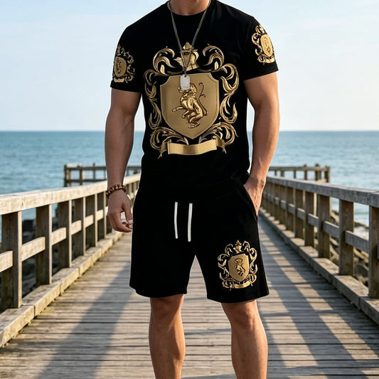 🖤👕🩳 50% OFF Men’s Gold Crest T-Shirt & Shorts Set✨ – Luxury Print, Breathable Comfort & Instant Summer Style