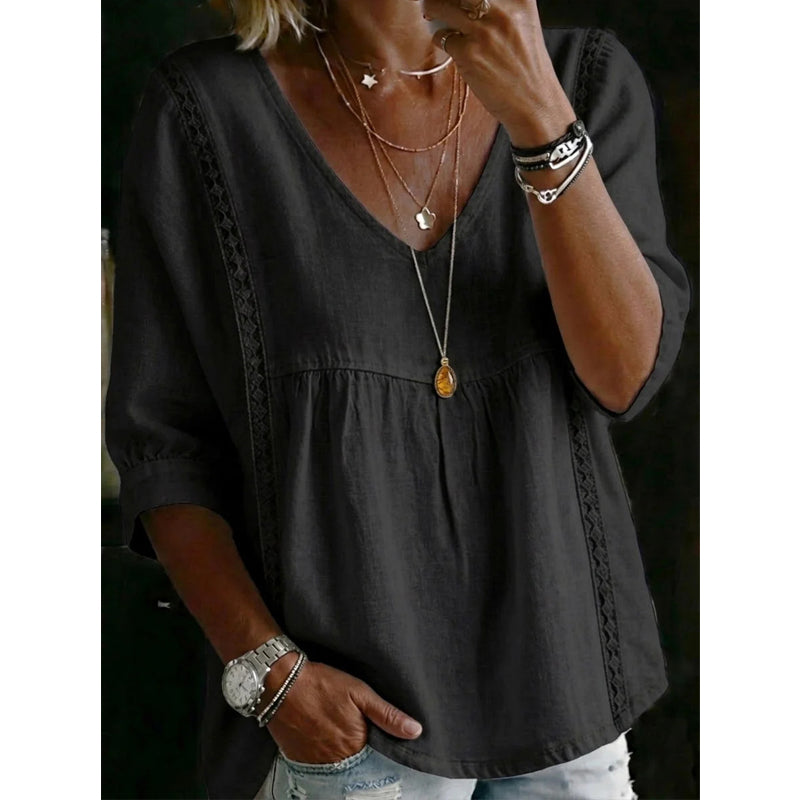 ⏳Time-Limited Special⏰Women’s Lace-Trim V-Neck Top – Bohemian Charm, Empire Waist, 3/4 Sleeves 🌼