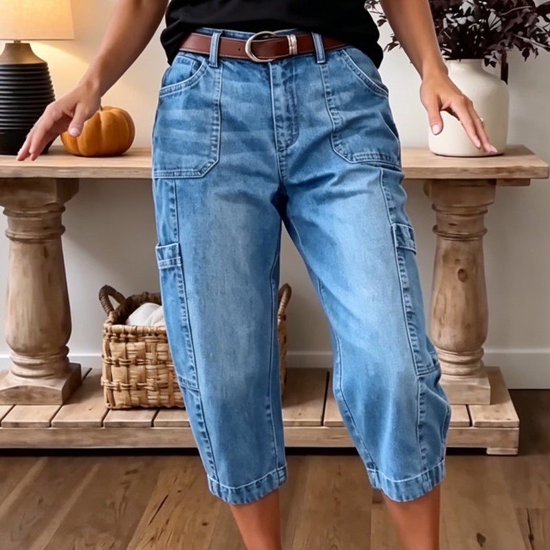 ๐ LIMITED-TIME 50% OFF! โจ Women's Casual Stretchy Cropped Denim Pants โ Barrel Fit, Mid-Waist, Multi-Pockets ๐ฟ
