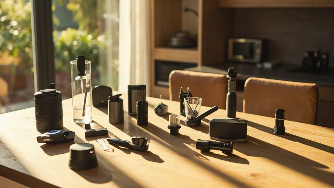 assorted home, auto, and tech products on a sunlit modern table, warm and inviting