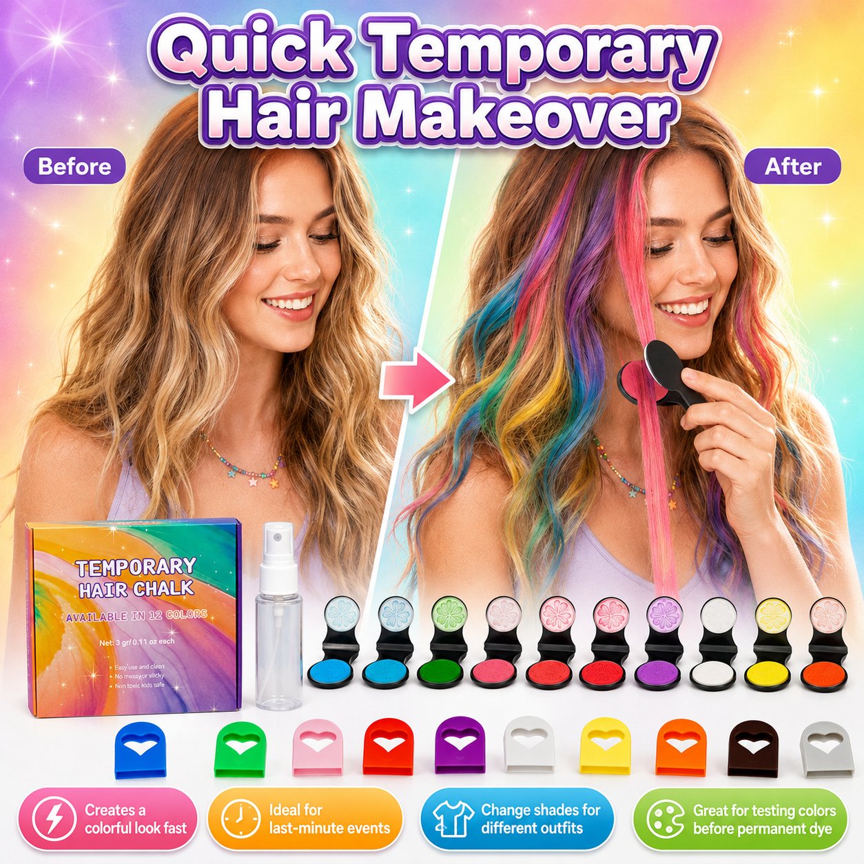 🔥Last Day 50% OFF🌈12-Color Temporary Hair Chalk Applicator Set