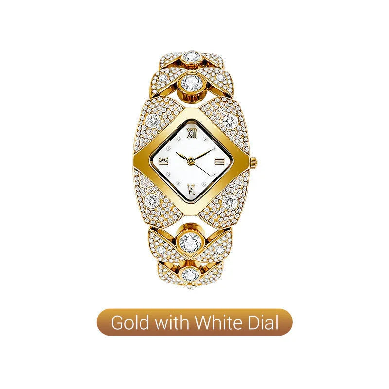 Gold watch with white dial, crystal accents, luxury jewelry from clarioy