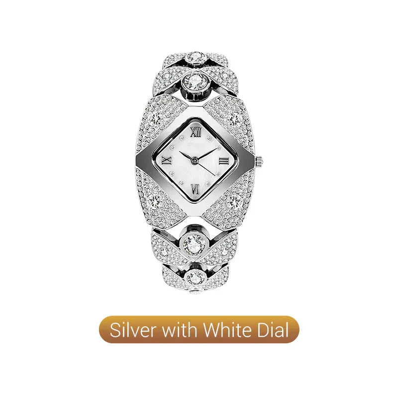 Silver diamond-studded women's watch with white dial, luxury bracelet style, clarioy accessories