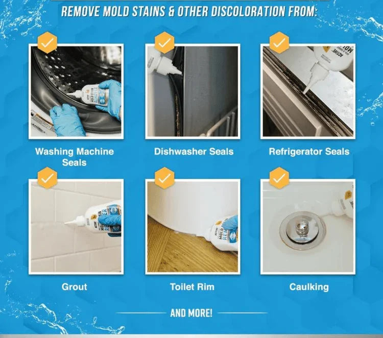 Mold remover gel used on washing machine seals, dishwasher seals, refrigerator seals, grout, toilet rim, and caulking.