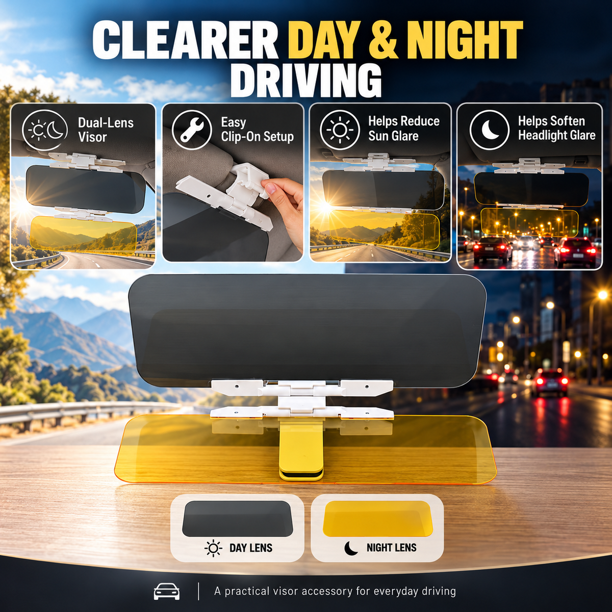 ⏳🔥LIMITED-TIME 78% OFF! Careluxpro Universal HD Anti-Glare Car Visor for Day & Night