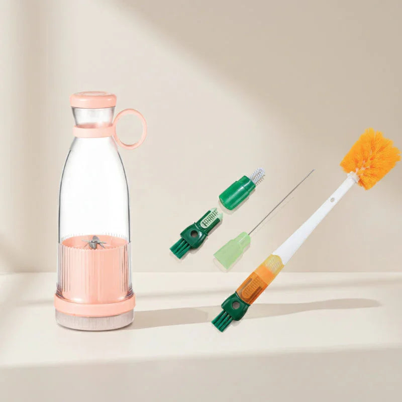 Portable blender bottle with cleaning brush and detachable tool kit on beige background, clarioy homeware