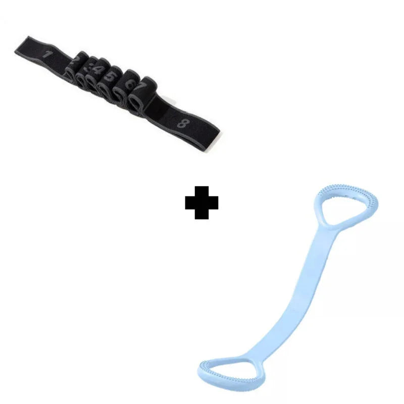Black numbered exercise resistance band plus blue dual-handle stretching strap on white background