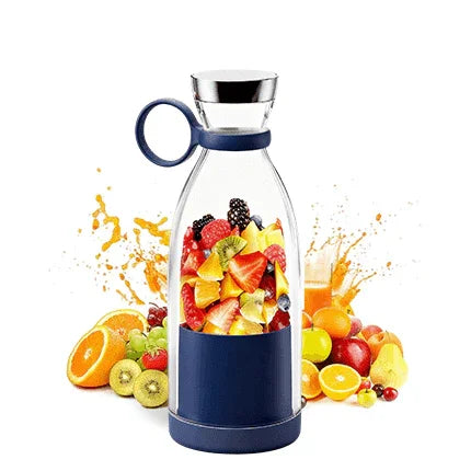 Glass fruit infuser water bottle with blue base, filled with mixed fruit, surrounded by assorted fresh fruit and juice splash, available at clarioy.