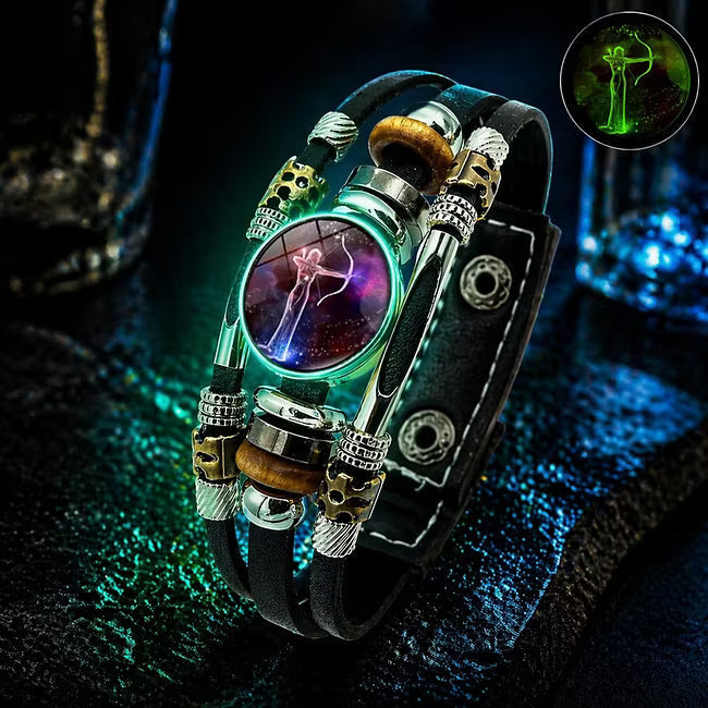 💥Last-Day Sale – 50% Off ☪️Glow-in-the-Dark Leather Zodiac Sign Bracelet For Men and Women (6.9/8.1 inches)♑️
