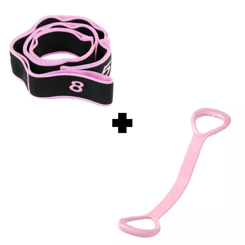 Pink and black resistance band with numbered loops plus pink stretching strap, clarioy fitness tools