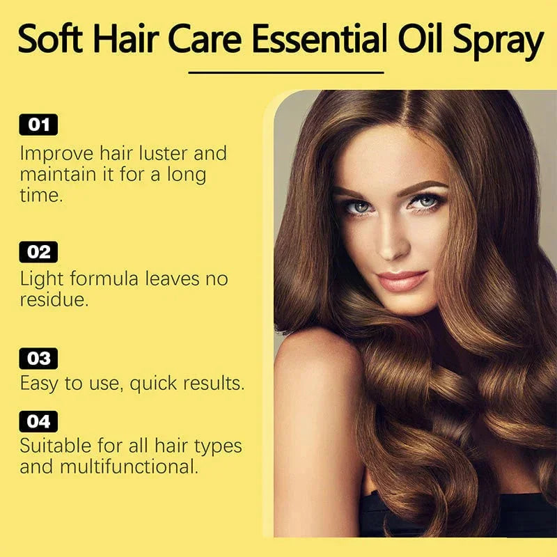 Soft Hair Care Essential Oil Spray product features, benefits, and model with shiny wavy hair