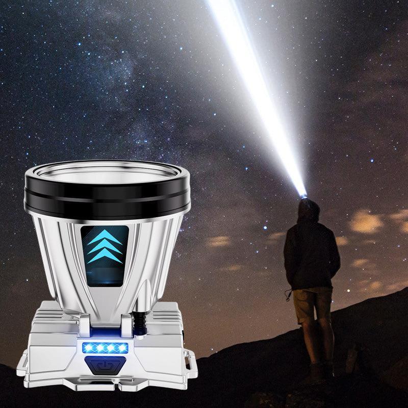 Powerful LED headlamp flashlight with blue indicator, person using it outdoors at night, clarioy